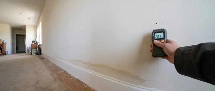 Moisture meter reading a wall above wet carpet during water damage drying in Canoga Park