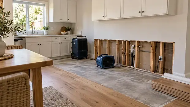 Kitchen with lower drywall cut open and a dehumidifier running in Canoga Park