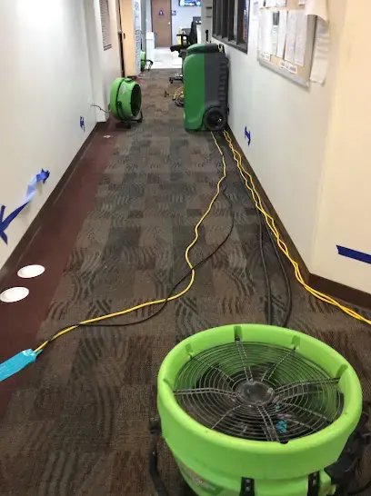 Air movers and a dehumidifier drying a carpeted corridor in Canoga Park