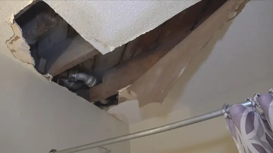 Ceiling drywall broken open around plumbing after a pipe leak in Canoga Park