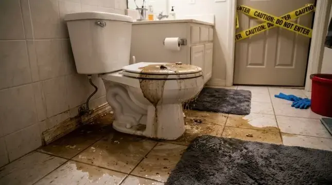 Sewage backup spread across a bathroom floor around the toilet in Canoga Park