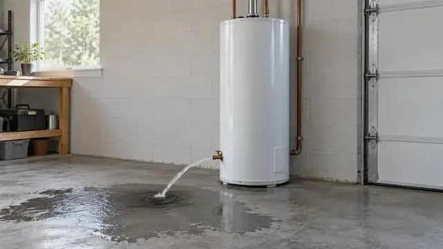Water heater spraying water across a garage floor in Canoga Park